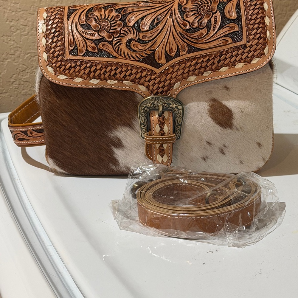 New Tooled Leather & Cowhide Crossbody Bag - Brown & White